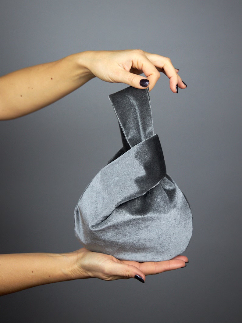 grey velvet purse japanese knot bag