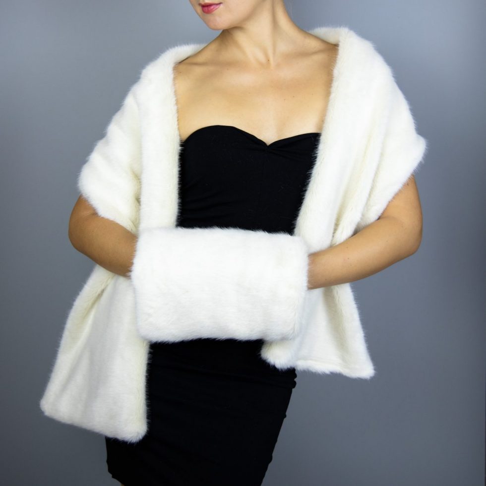 Ivory Beige Faux Fur Shrug wrap capelet shawl and muff wedding party evening dress communion, very soft fur, winter wrap
