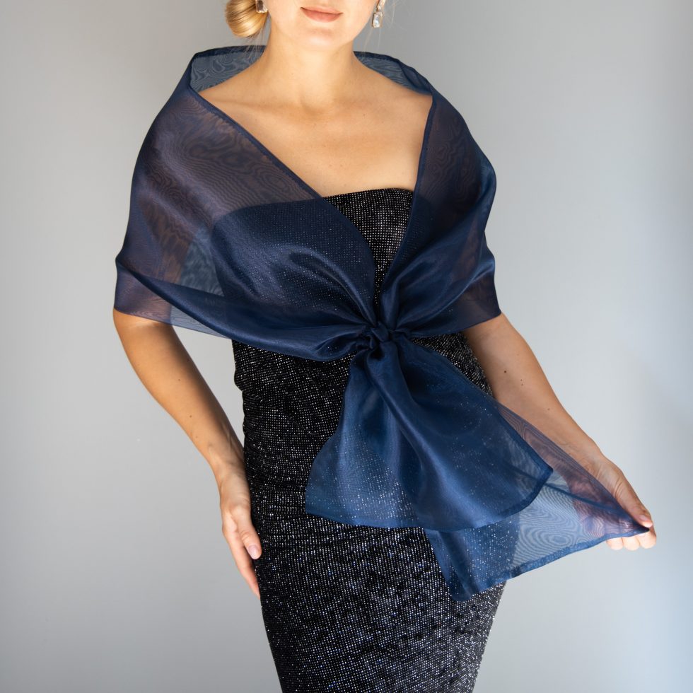 Woman wrap navy blue Organza knot wrap shawl shrug bridesmaids gift party outfit evening shawl prom shawl navy blue scarf mother gift