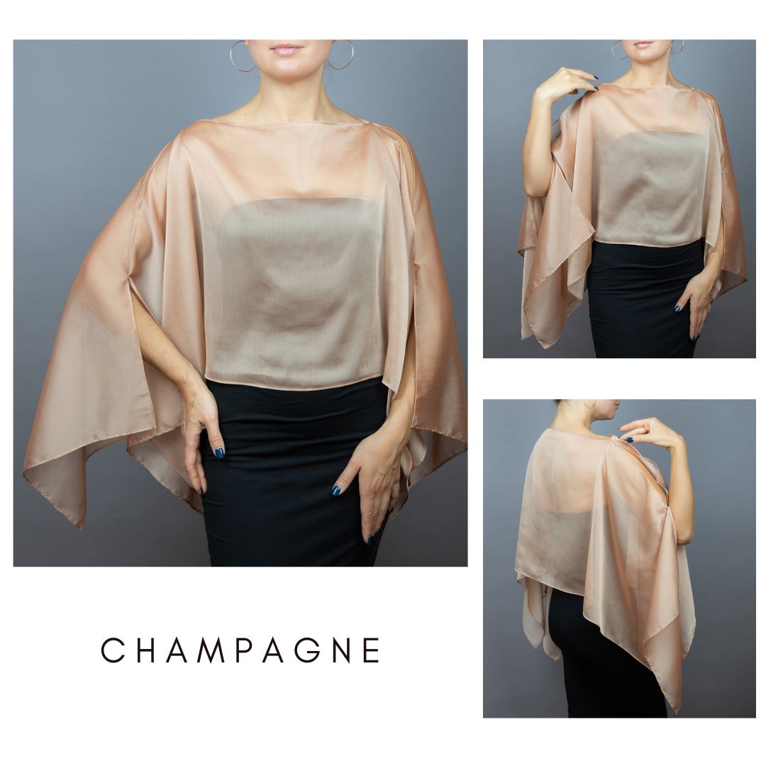 Chiffon champagne wrap bolero capelet wedding or evening shrug, woman poncho, woman cape, choir cape.