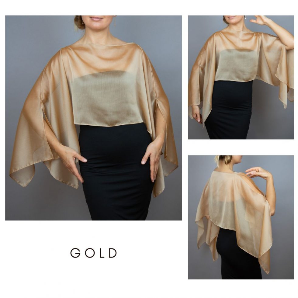 Chiffon gold wrap bolero capelet wedding or evening shrug, woman poncho, woman cape, choir cape.