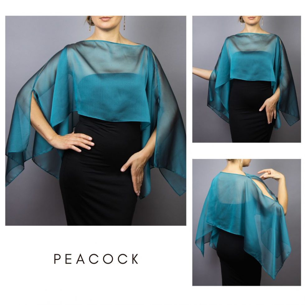Chiffon peacock wrap bolero capelet wedding or evening shrug, woman poncho, woman cape, choir cape.