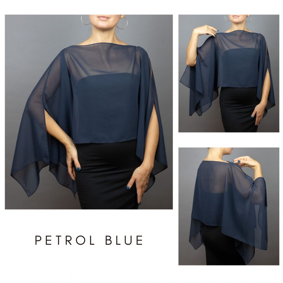 Chiffon petrol blue wrap bolero capelet wedding or evening shrug, woman poncho, woman cape, choir cape.