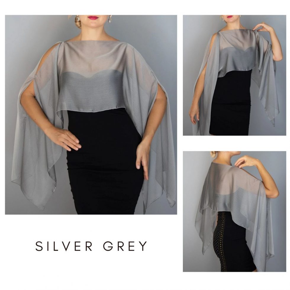 Chiffon silver grey wrap bolero capelet wedding or evening shrug, woman poncho, woman cape, choir cape.