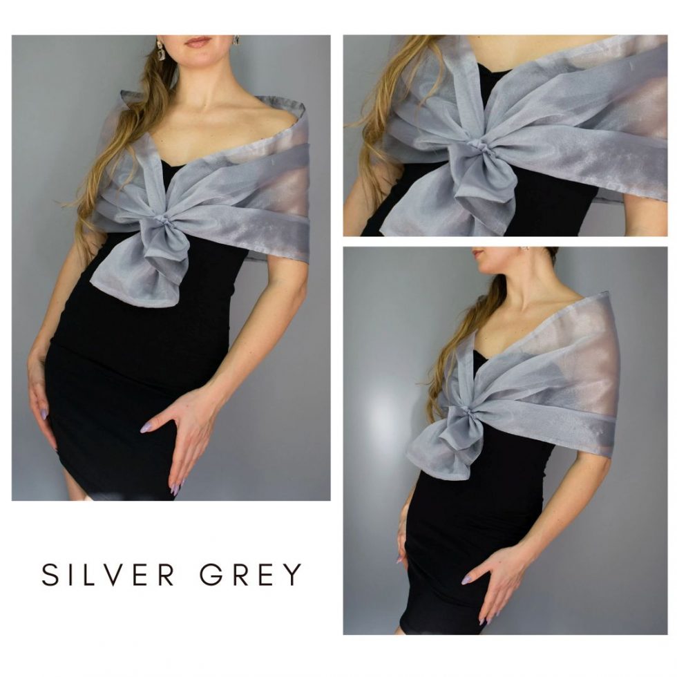 Silver grey Woman wrap navy blue Organza knot wrap shawl shrug bridesmaids gift party outfit evening shawl prom shawl navy blue scarf mother gift