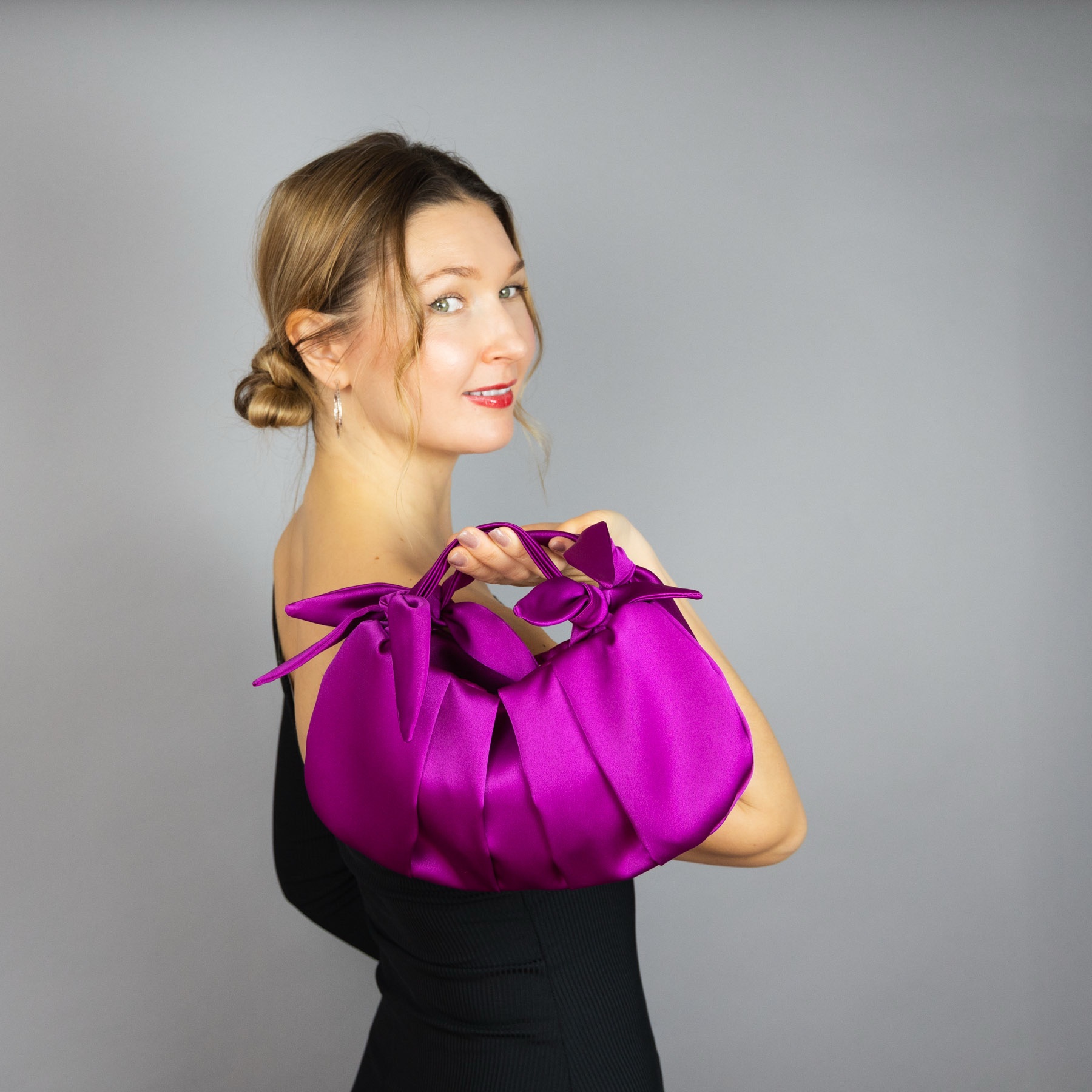 furoshiki Japanese knot bag satin fuchsia purse