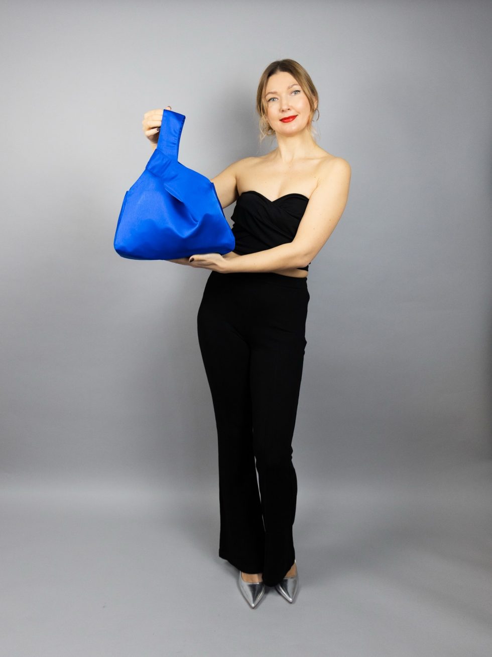 Royal blue satin purse Japanese knot bag