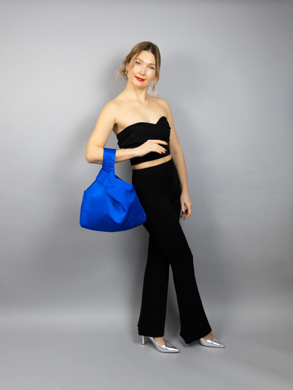 Large royal blue satin Japanese knot bag bridal organiser