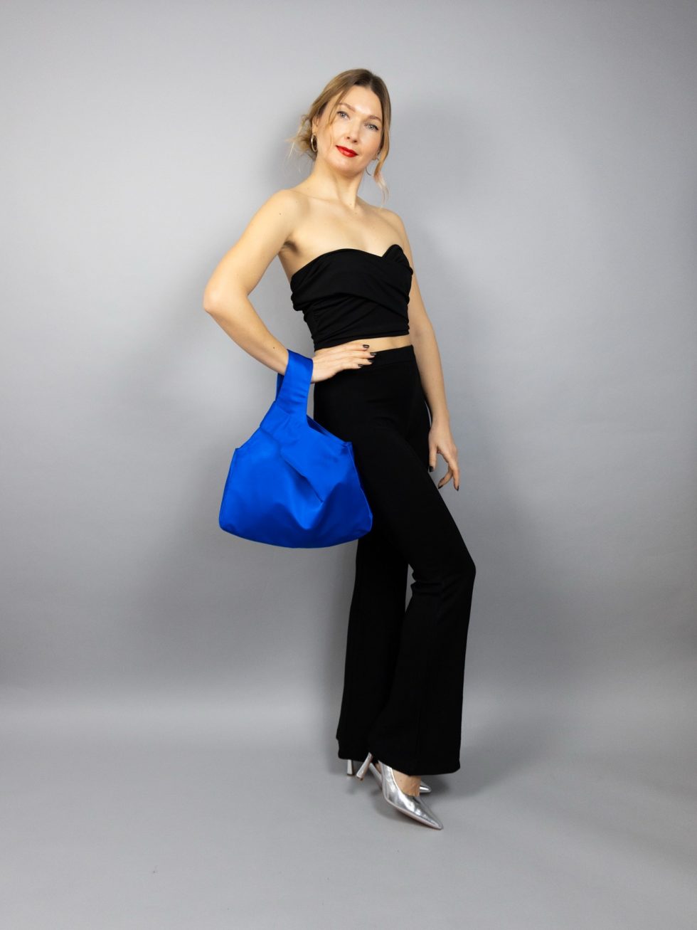 Royal blue satin purse Japanese knot bag