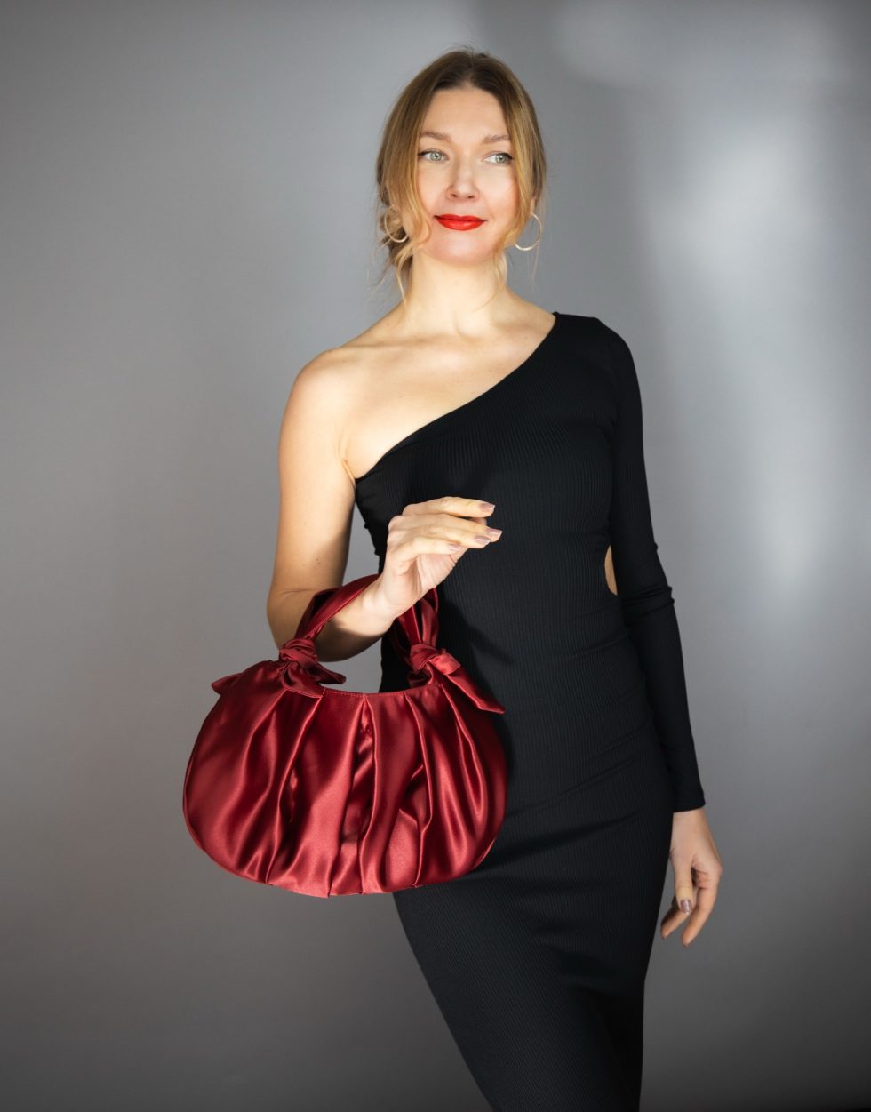 furoshiki burgundy Japanese knot bag satin fuchsia purse