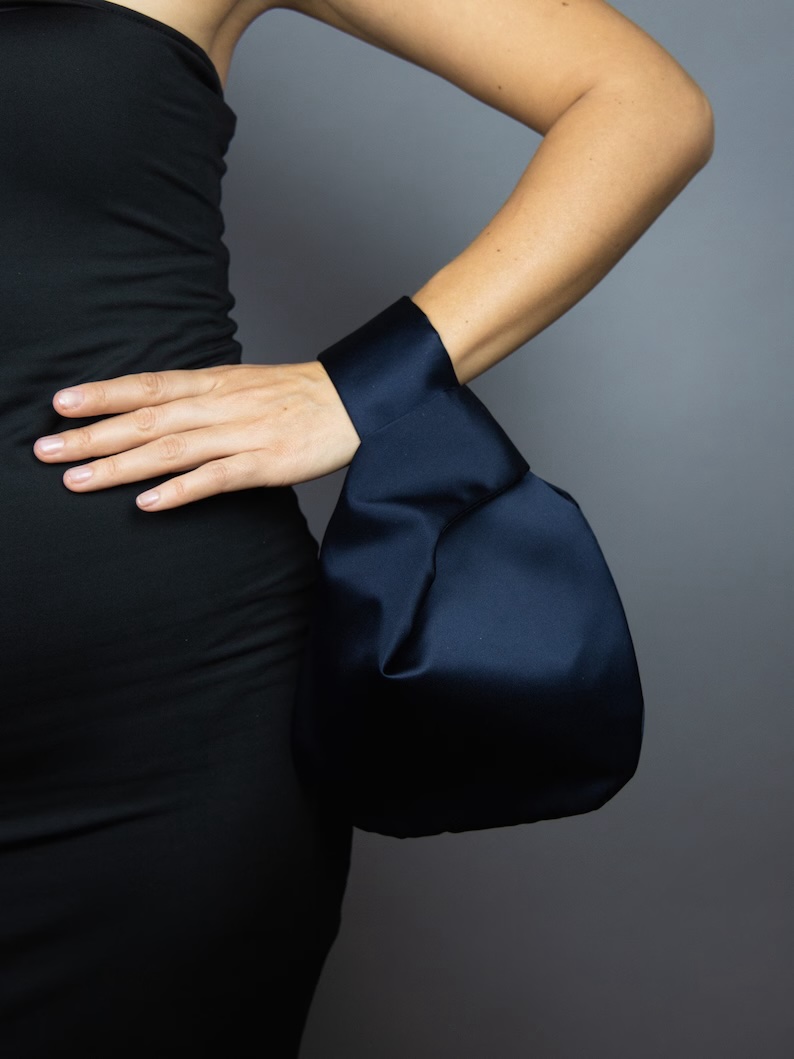navy blue satin purse japanese knot bag
