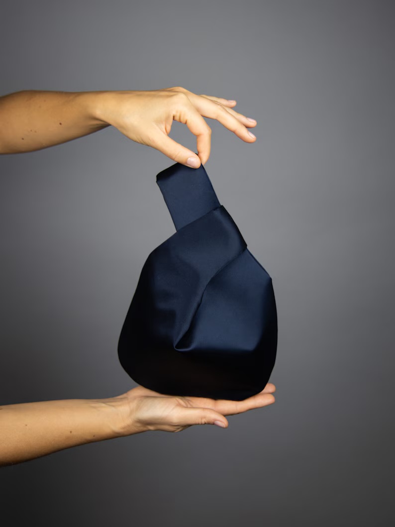 navy blue satin purse japanese knot bag