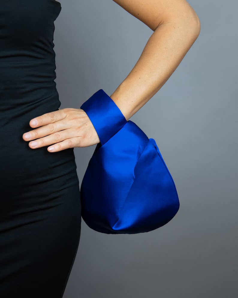 royal blue satin purse japanese knot bag