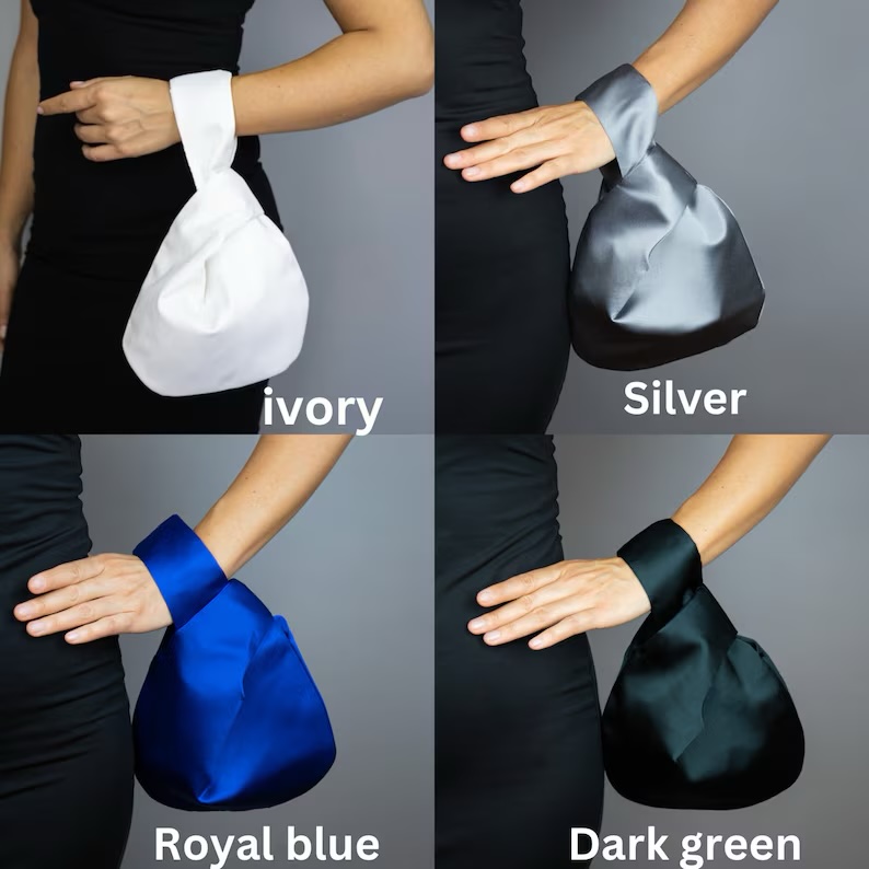 Silver grey satin purse japanese knot bag