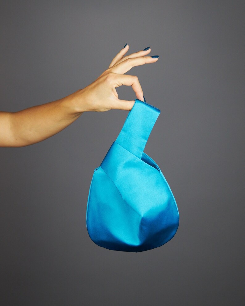 blue satin purse japanese knot bag