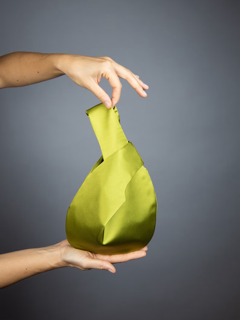sage satin purse japanese knot bag