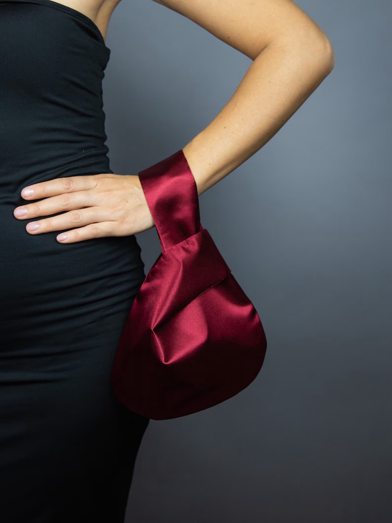 burgundy satin purse japanese knot bag