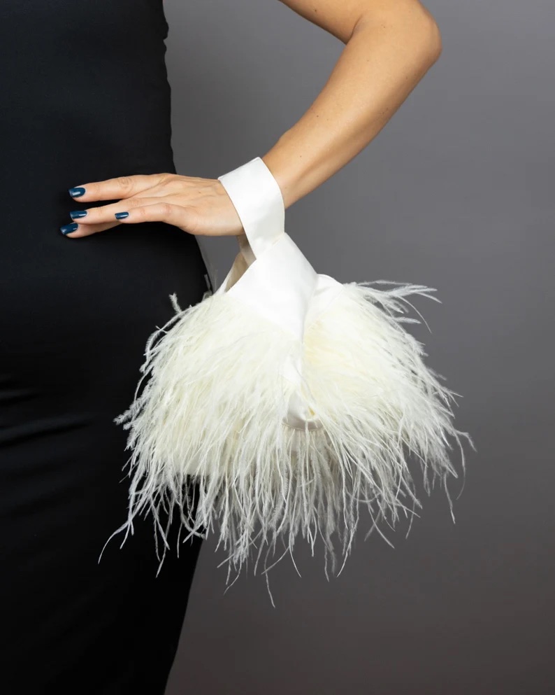 ivory purse ostrich feathers Japanese knot bag