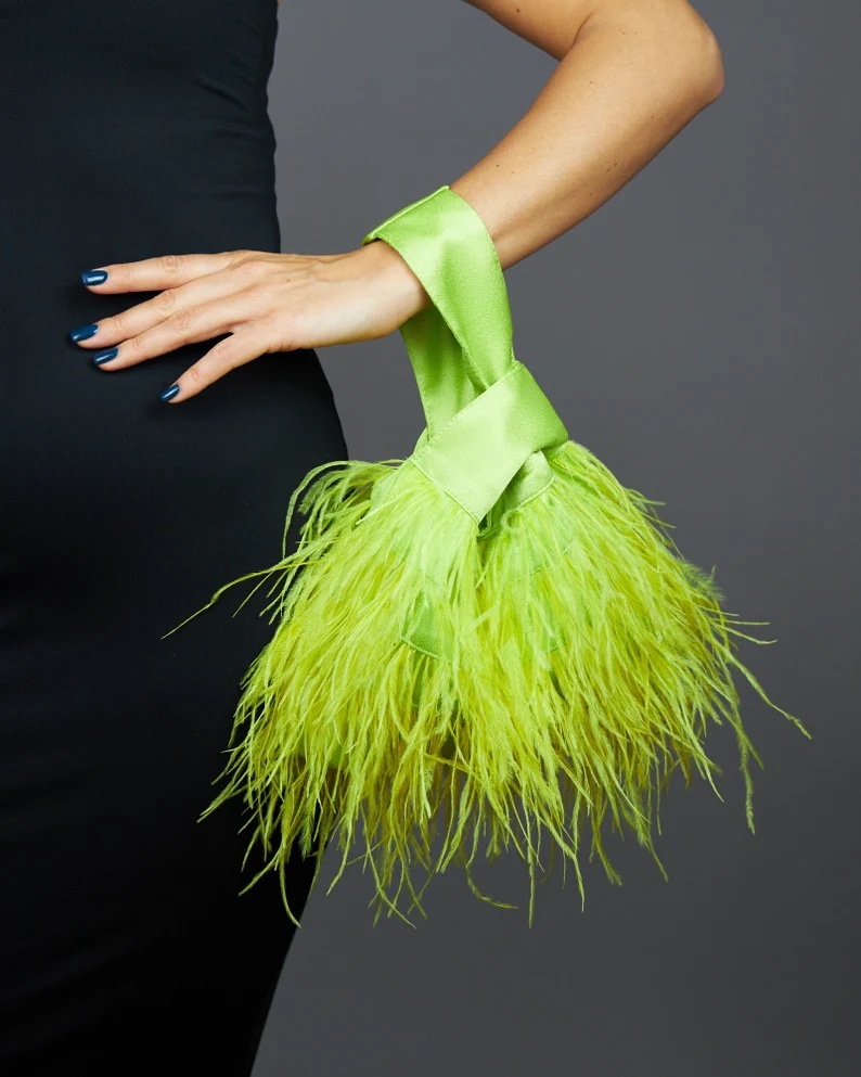 neon green purse ostrich feathers Japanese knot bag