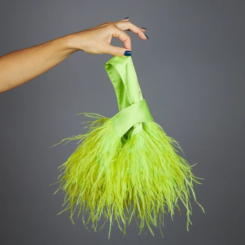 neon green purse ostrich feathers Japanese knot bag