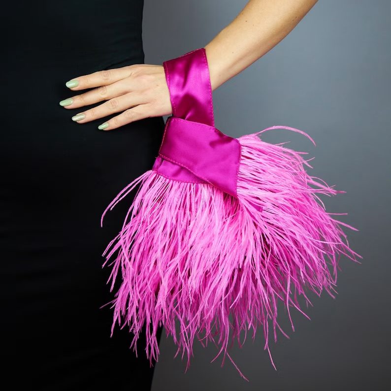 pink purse ostrich feathers Japanese knot bag