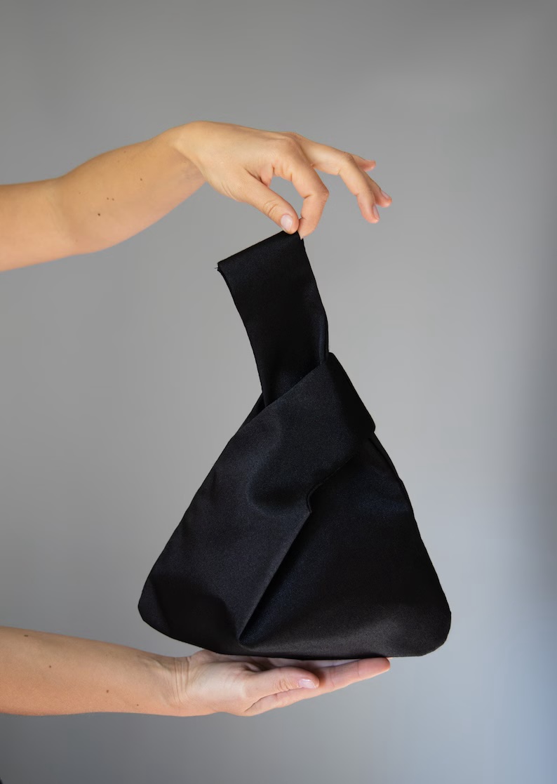 black satin purse Japanese knot bag