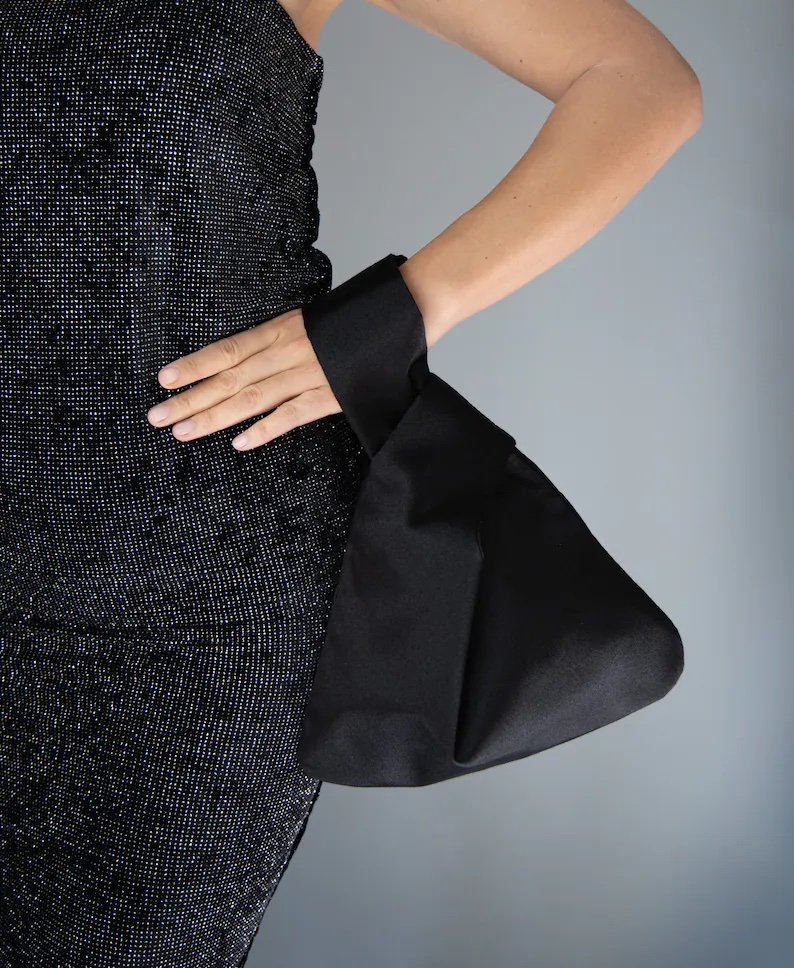 black satin purse Japanese knot bag