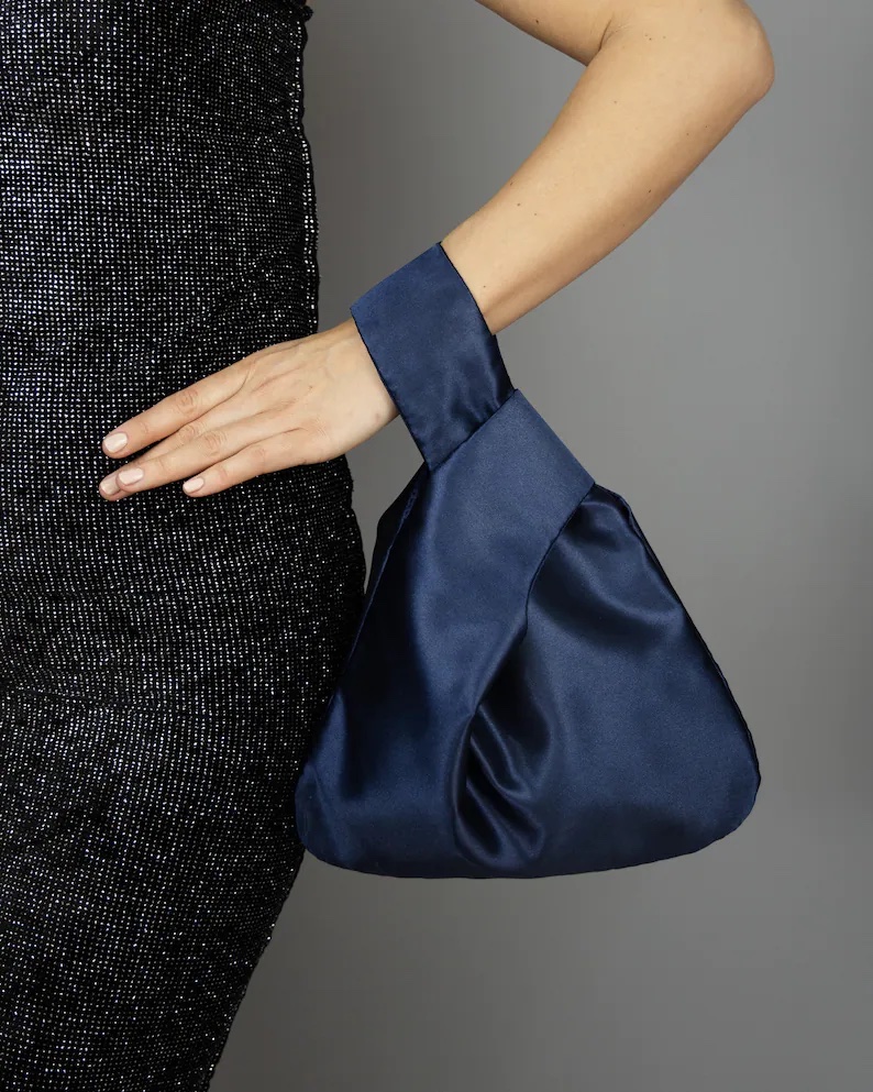 navy blue satin purse Japanese knot bag