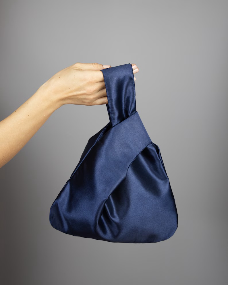 blue satin purse Japanese knot bag