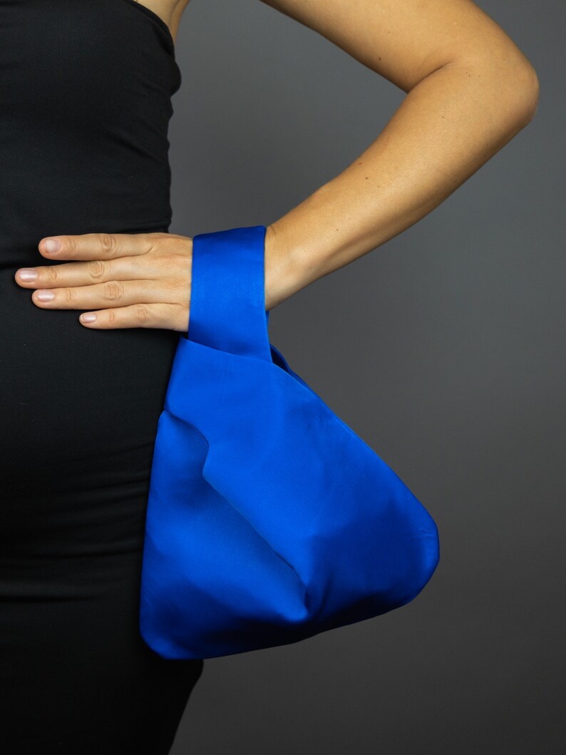 blue satin purse Japanese knot bag