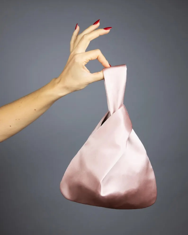pink satin purse Japanese knot bag