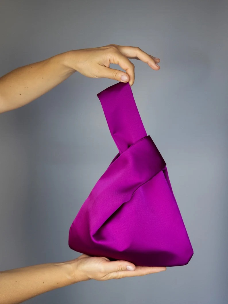 fuchsia satin purse Japanese knot bag
