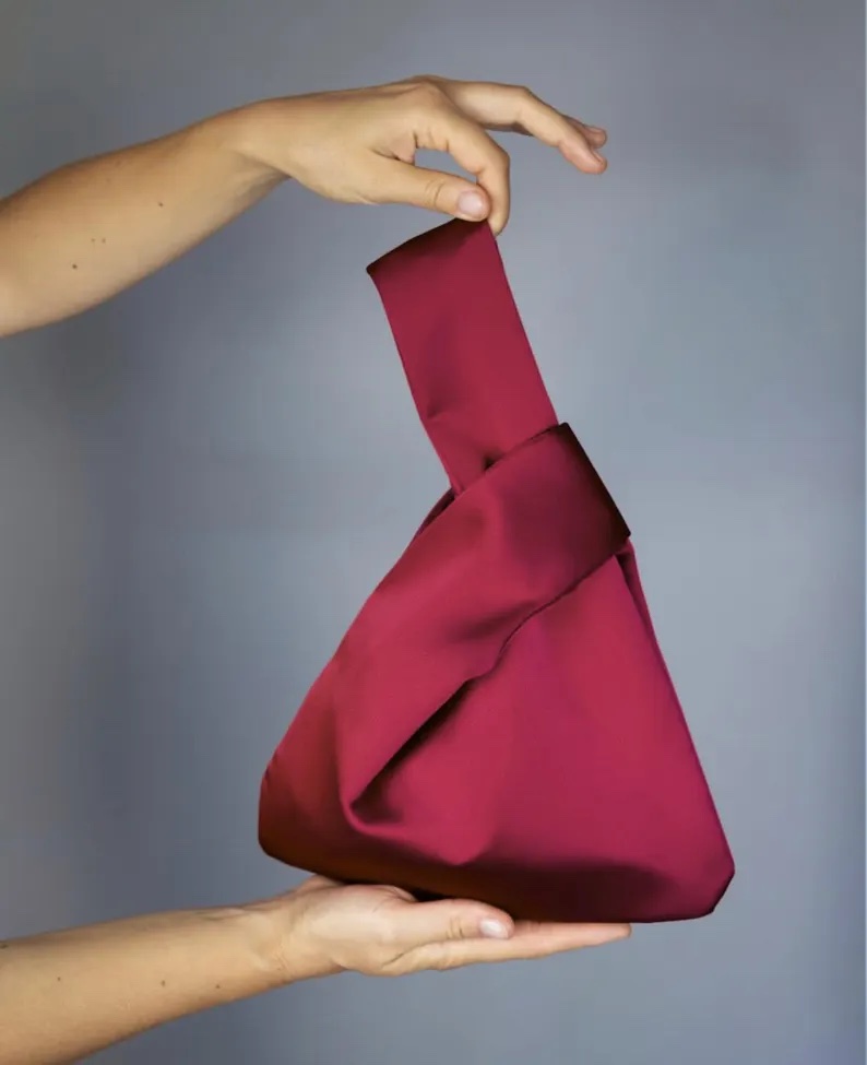 burgundy taffeta satin purse Japanese knot bag