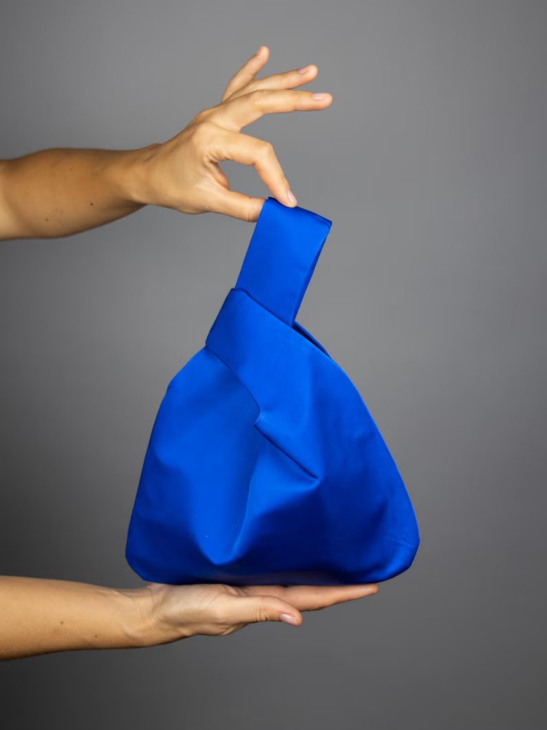 Royal blue satin purse Japanese knot bag