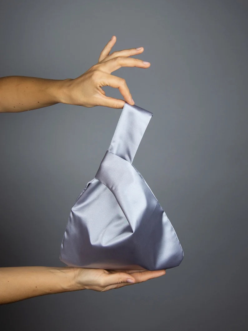 silver satin purse Japanese knot bag