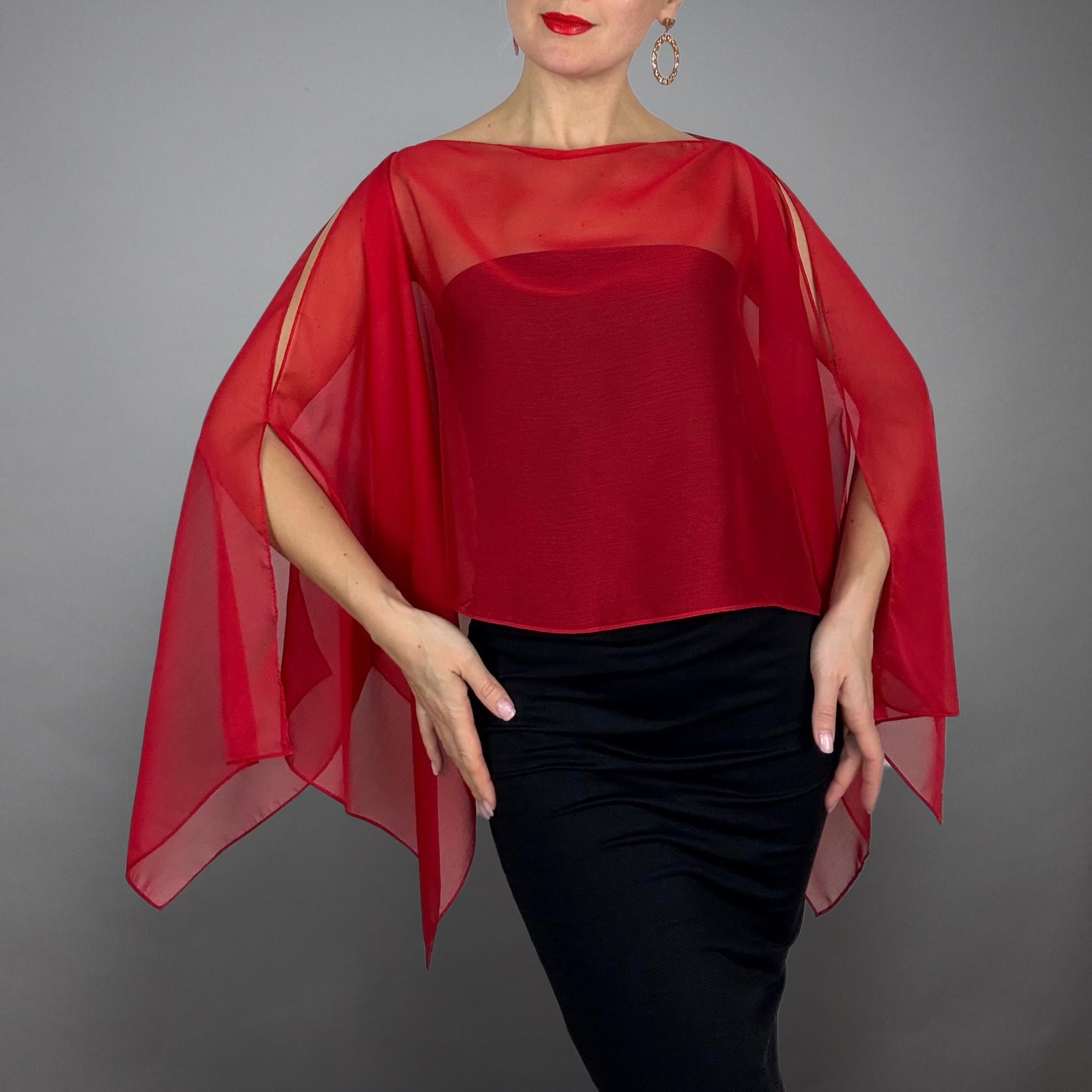 red chiffon capelet sheer cape