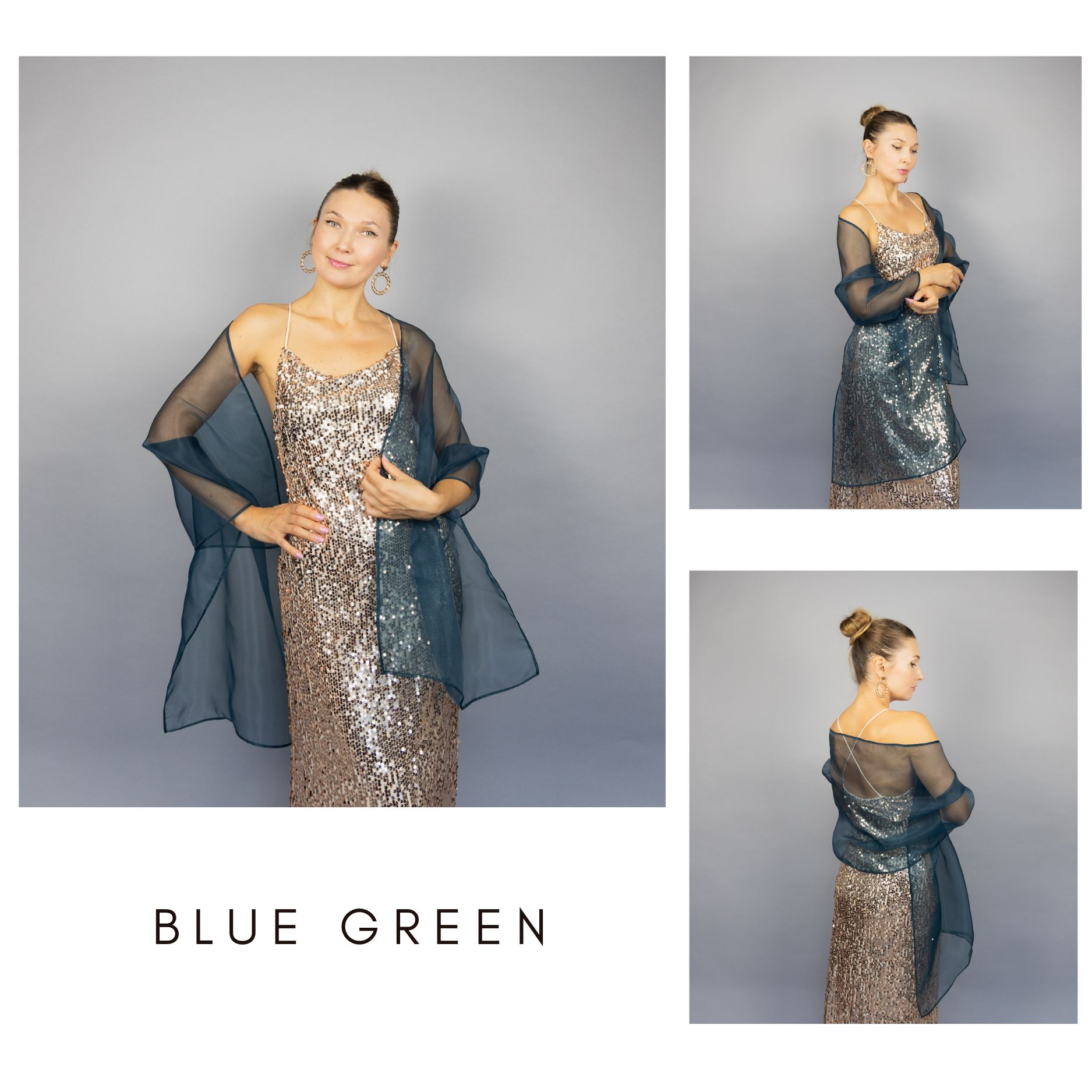 Blue green organza wrap silver grey sheer shawl scarf silver grey sheer shrug bridesmaids scarf woman sheer scarf evening shawl prom