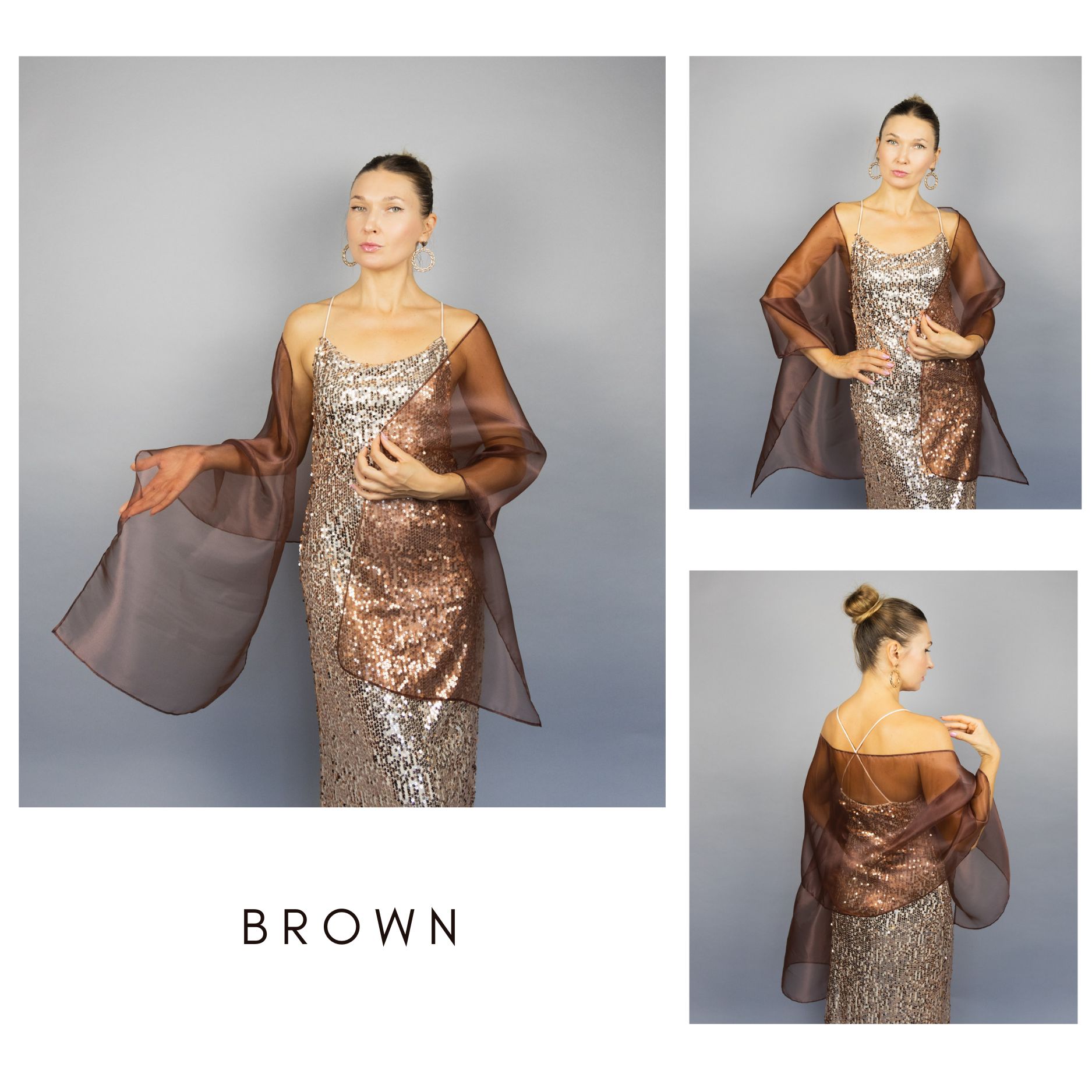 Brown organza wrap silver grey sheer shawl scarf silver grey sheer shrug bridesmaids scarf woman sheer scarf evening shawl prom