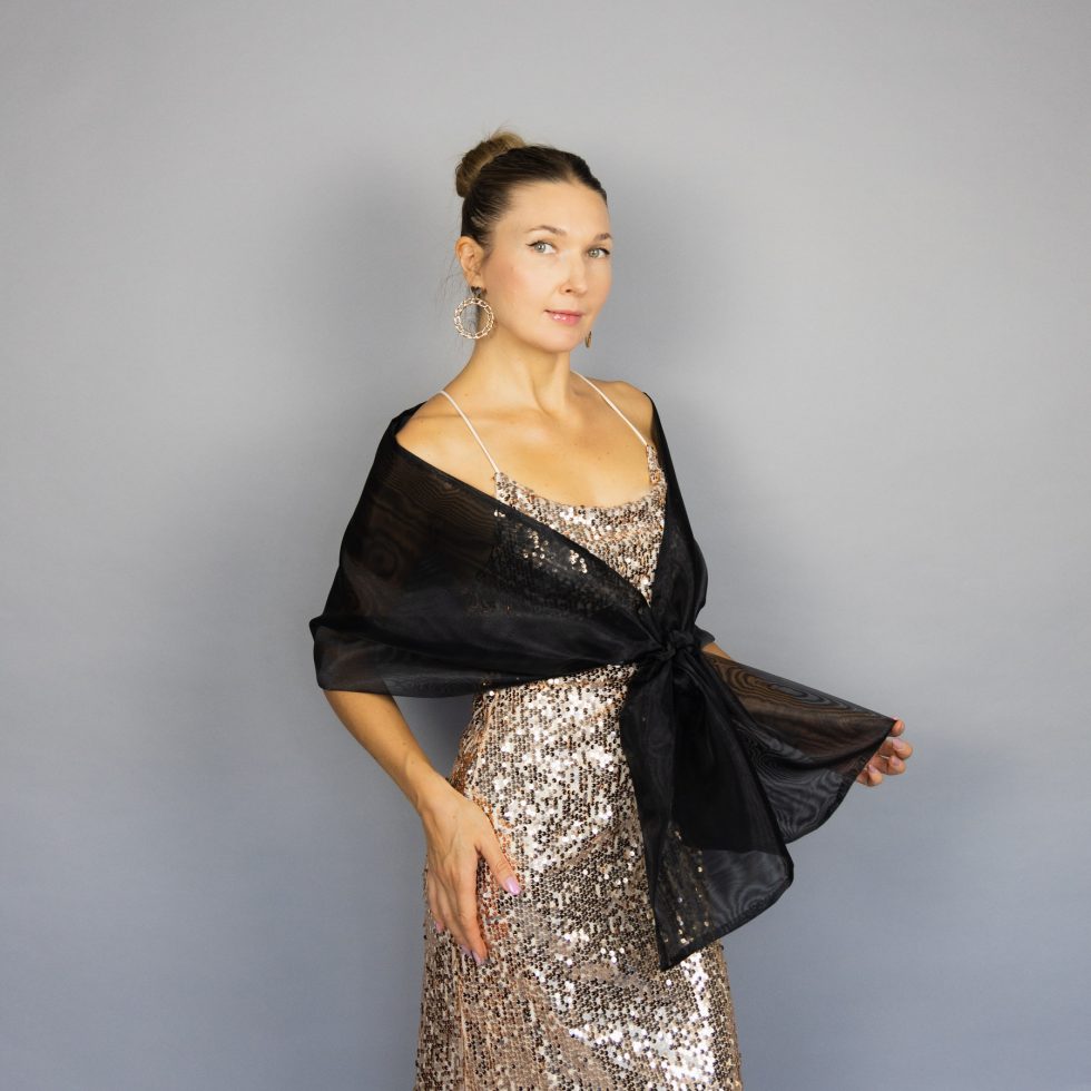 Black organza wrap black pull through wrap black shawl black bridesmaid shawl black organza scarf black loop wrap woman organza shrug
