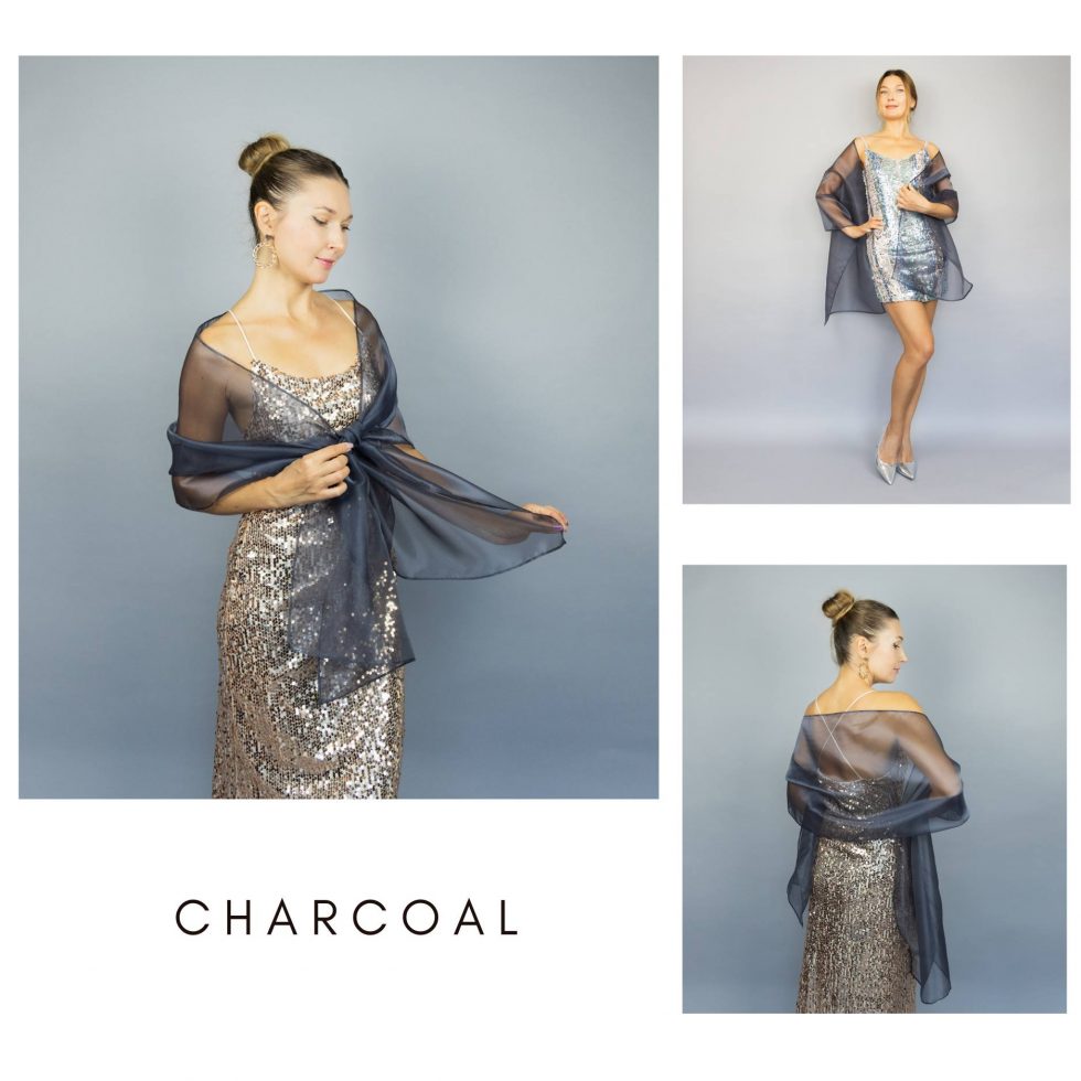 Charcoal organza wrap silver grey sheer shawl scarf silver grey sheer shrug bridesmaids scarf woman sheer scarf evening shawl prom