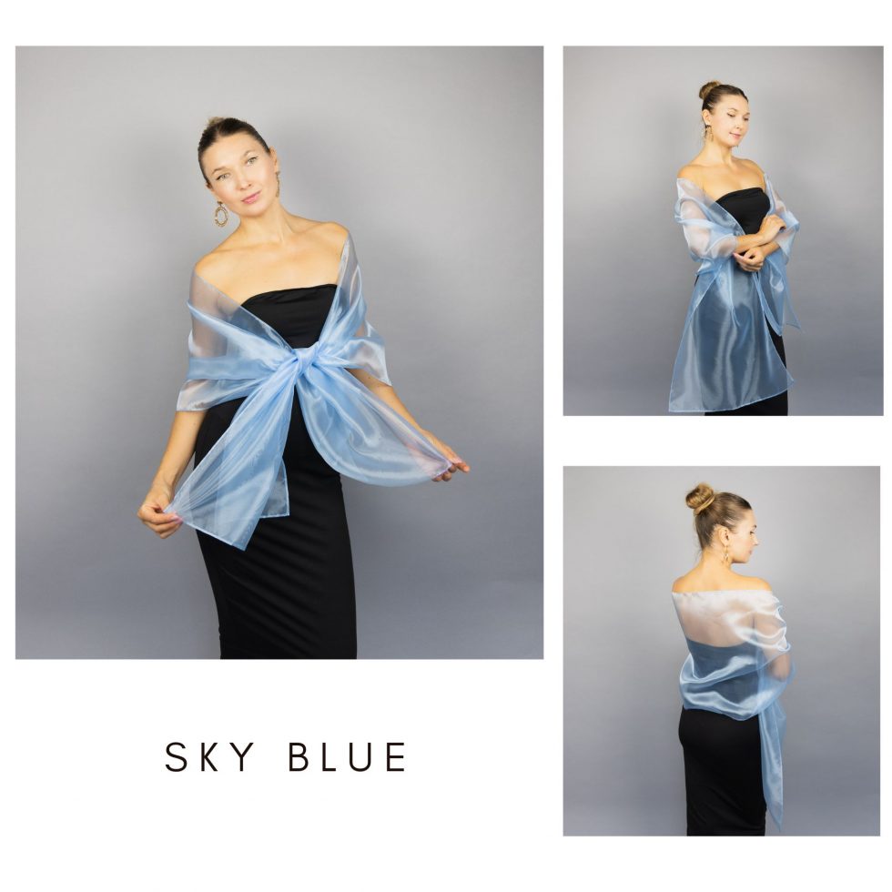 Sky blue organza wrap silver grey sheer shawl scarf silver grey sheer shrug bridesmaids scarf woman sheer scarf evening shawl prom