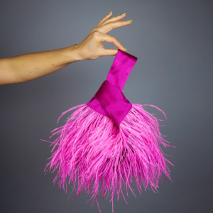 Fuchsia purse ostrich feathers Japanese knot bag