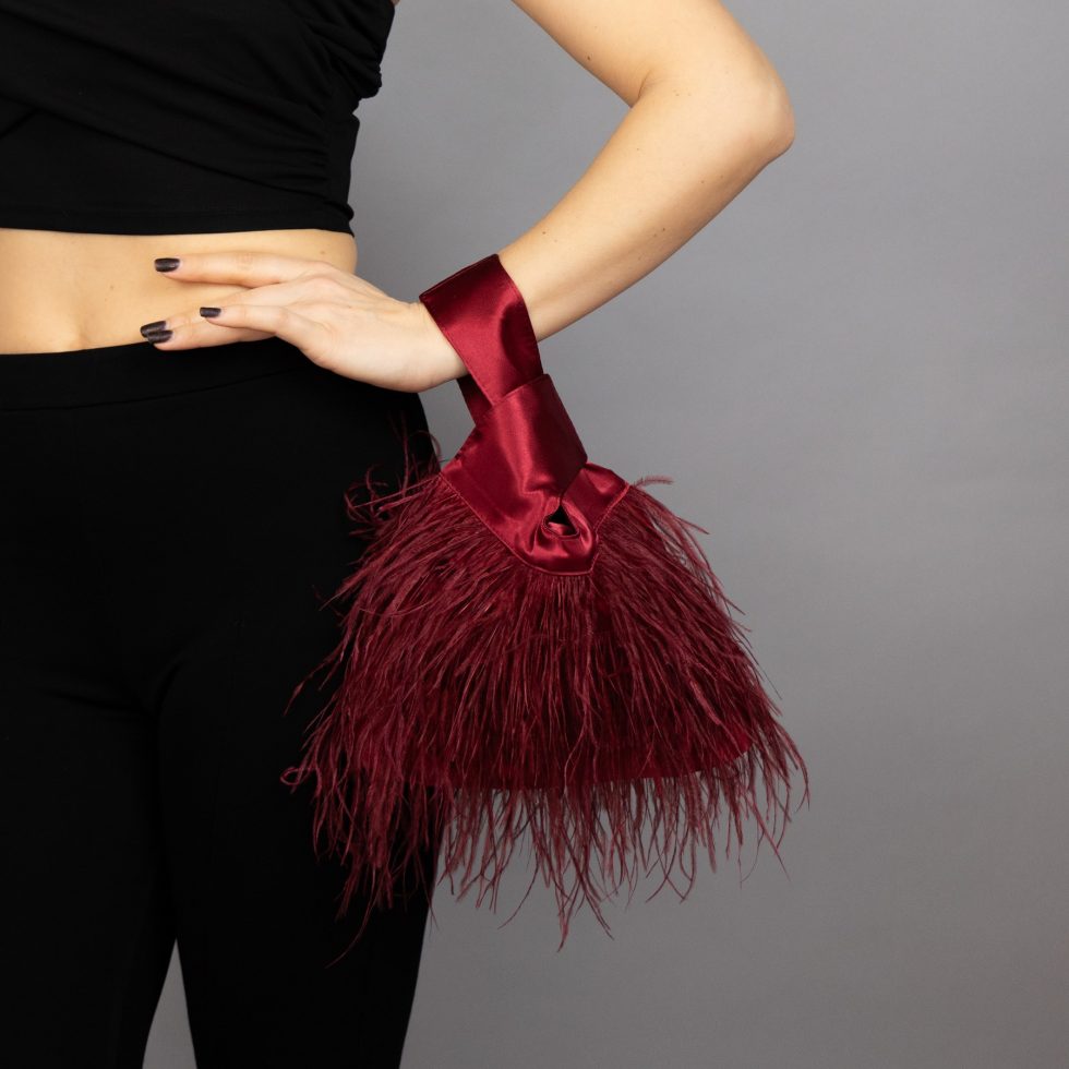 Burgundy purse ostrich feathers Japanese knot bag