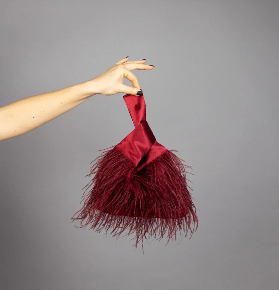 Burgundy purse ostrich feathers Japanese knot bag