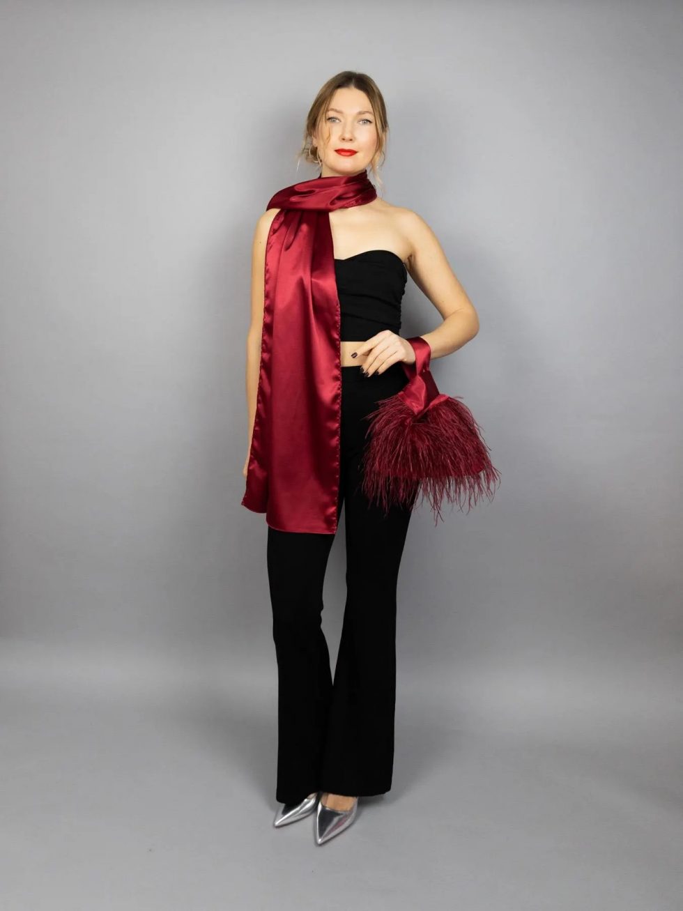 Burgundy purse ostrich feathers Japanese knot bag