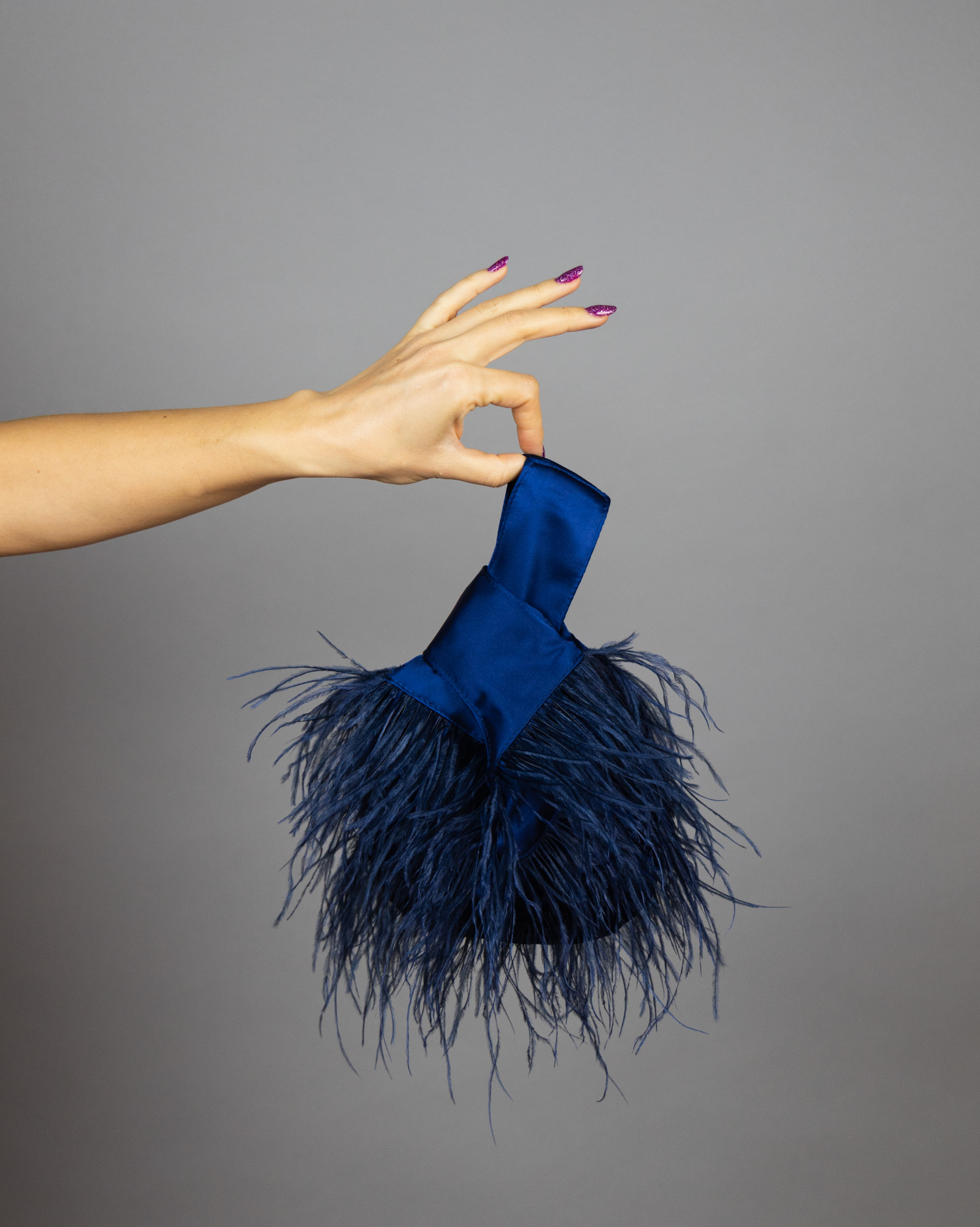 Navy blue purse ostrich feathers Japanese knot bag