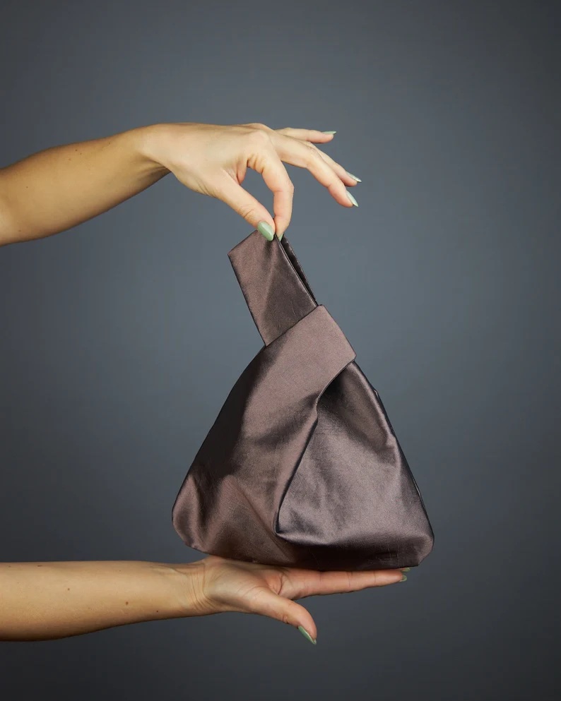 Brown taffeta satin purse Japanese knot bag