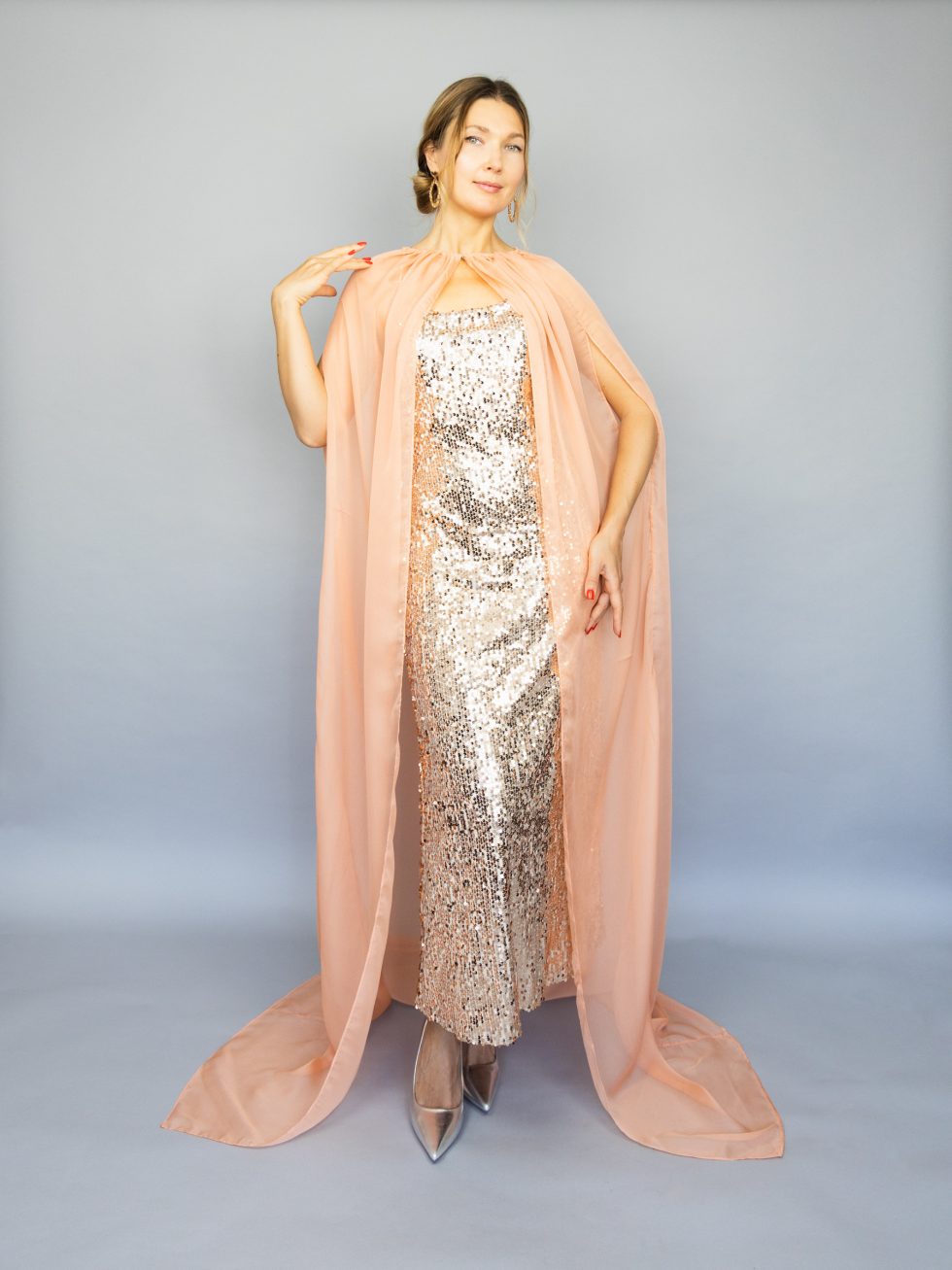 Long cape chiffon peach long capelet