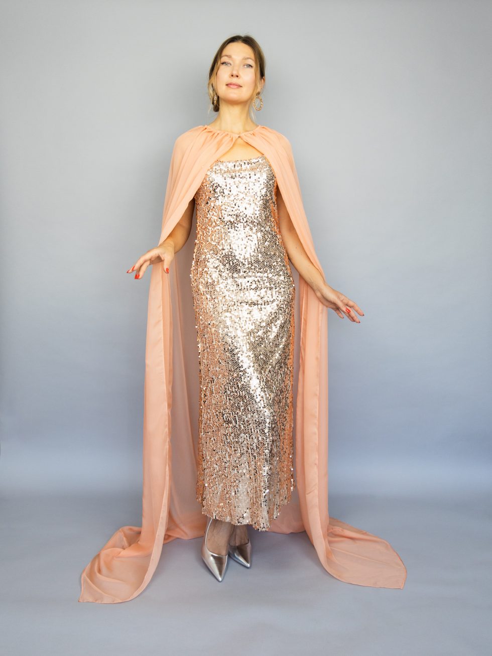 Long cape chiffon peach long capelet