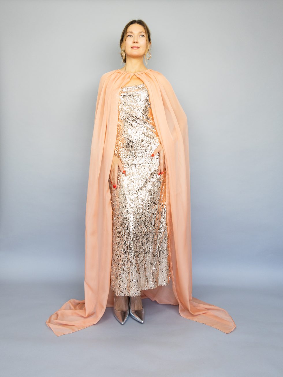Long cape chiffon peach long capelet